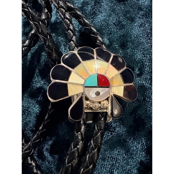 Sterling Silver Zuni Sun Face Native American Turquoise Coral Bolo Tie Slide - Picture 3 of 9